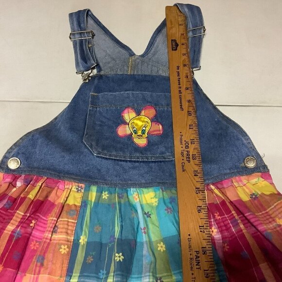 Vtg Girl's Dress Jumper Looney Tunes Tweety Bird Denim Jean Plaid Floral Sz 12 - Picture 7 of 8